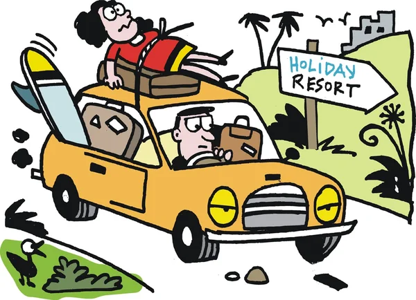 Vector cartoon of man on vacation driving car — Stock Vector