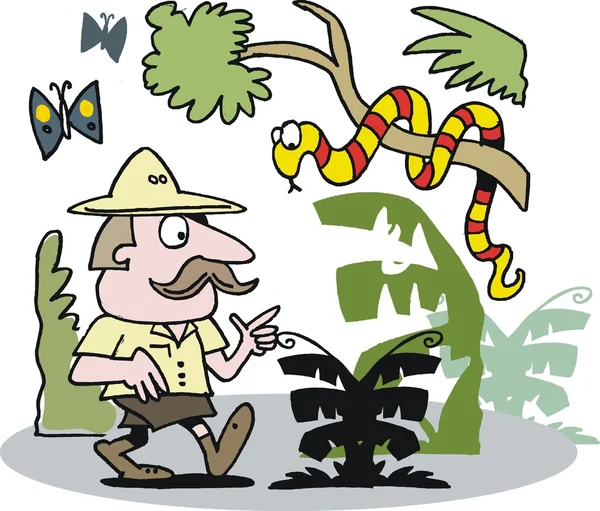 Vector cartoon of explorer with snake in jungle — Stock Vector