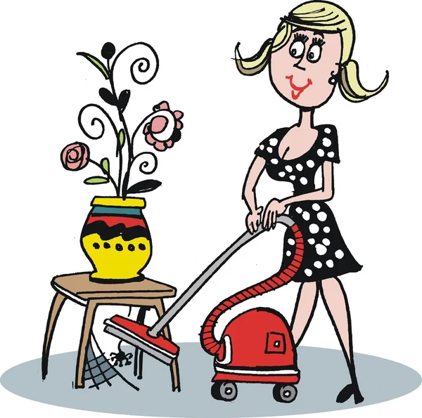 Caricature vectorielle de femme utilisant un aspirateur — Image vectorielle