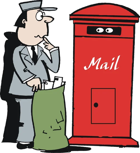 Векторна карикатура листоноші, дивлячись на поштову скриньку — стоковий вектор