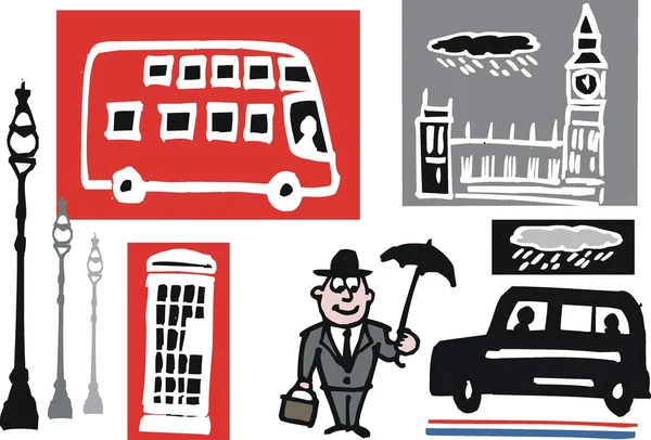Wektor ilustracja kreskówka Londyn autobus, taksówki i budowy symboli — Wektor stockowy