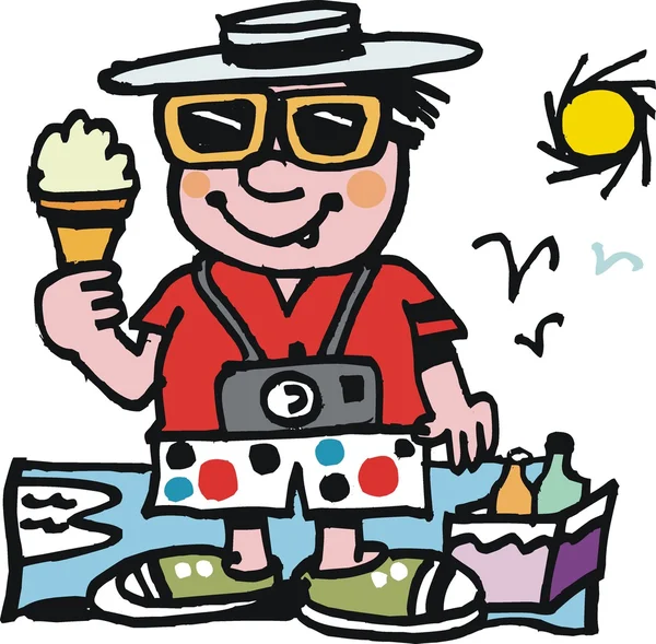 Vector cartoon of man with ice cream at beach — Stock Vector