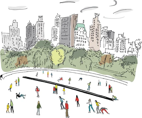 Ilustração vetorial de patinadores no gelo em Central Park, Manhattan, Nova York — Vetor de Stock