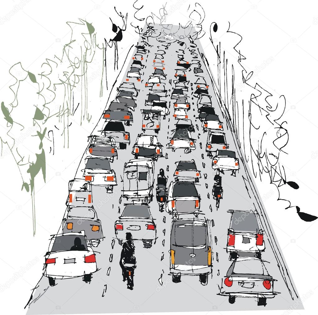 Stylized vector illustration of traffic congestion on highway
