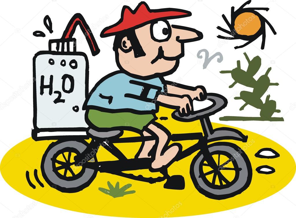 Vector cartoon of man riding bicycle on hot day