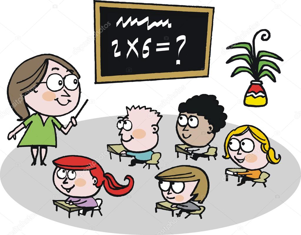 Vector cartoon of schoolteacher instructing children in classroom