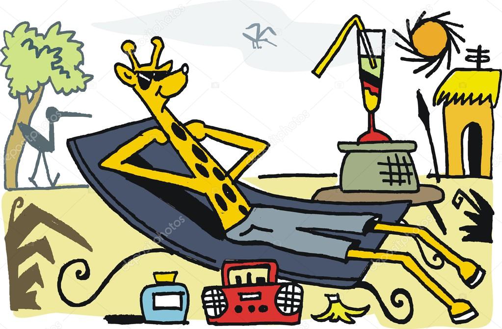 De Sur Vecteur Heureux Girafe Détente Longue Chaise Caricature DHWYEI29