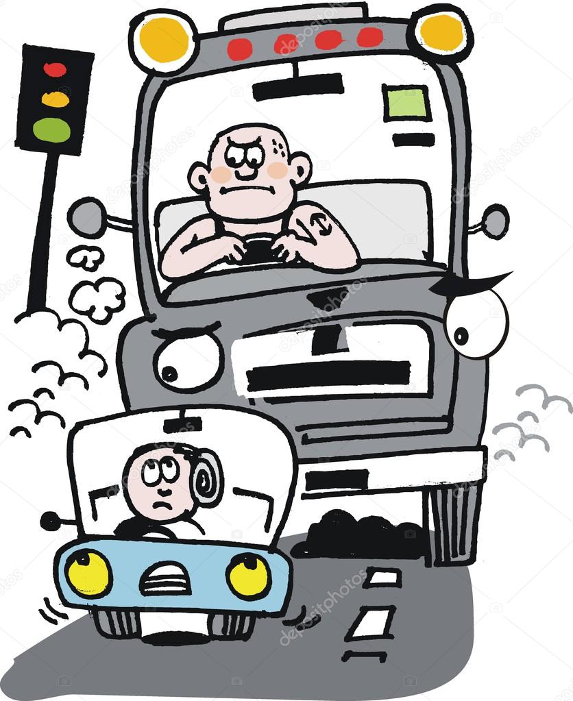 Vector cartoon of heavy truck tailgating motorist