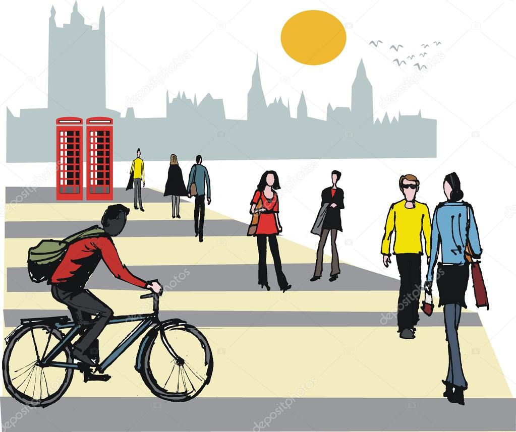 Vector illustration of cyclist and pedestrians, London England