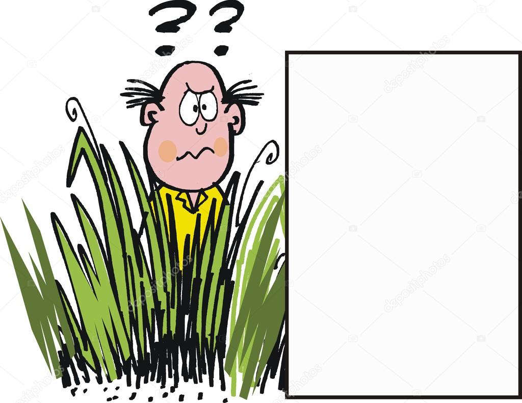 Vector cartoon of puzzled man in long grass