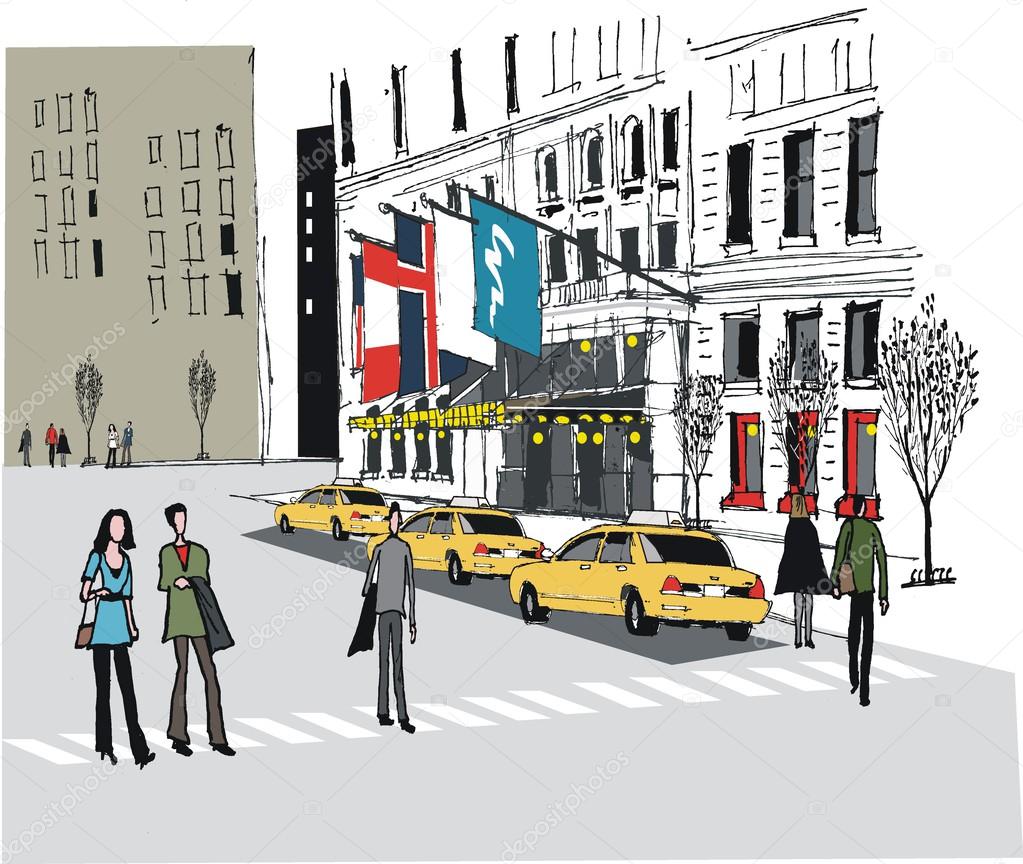 Vector illustration of taxis outside Manhattan hotel, New York