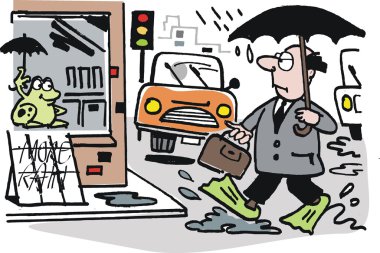 vektör karikatür bir yağmur altında yürüyen adam