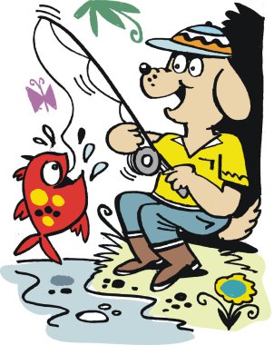 Vector cartoon of happy dog fishing in stream