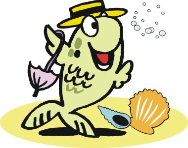Vector cartoon of funny dancing fish with umbrella