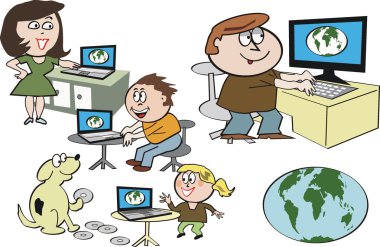 vektör karikatür mutlu aile Internet bilgisayarlarda kullanma.