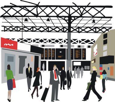 vektör çizim commuters Londra tren istasyonu, İngiltere.