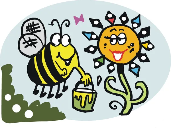 Vektor rajzfilm a méh, méz és virág — Stock Vector
