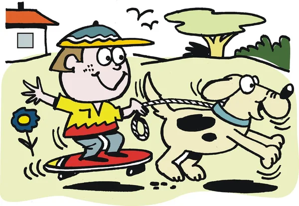 Vector cartoon van jongen op skateboard met hond. — Stockvector