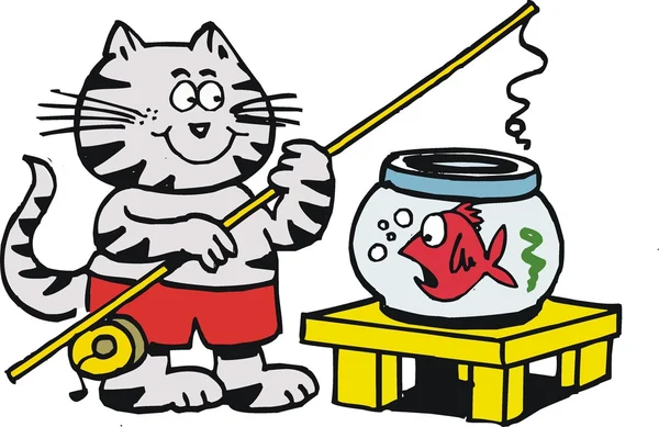 Vektör karikatür kedi balıkçılık içinde goldfish yuvarlak kase — Stok Vektör