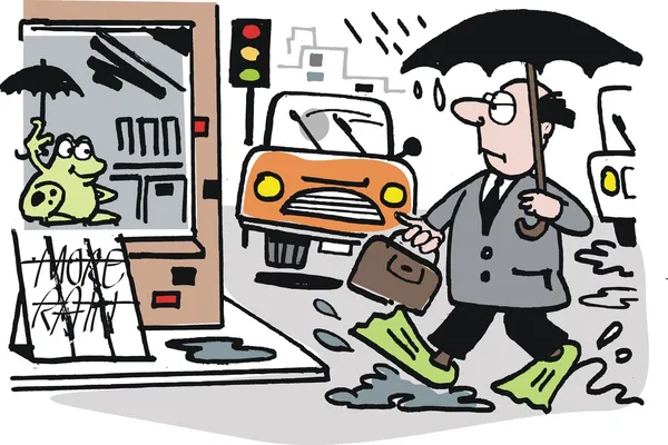 Vector cartoon van man lopen in de regen — Stockvector