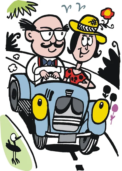 Vector cartoon of happy couple driving old car — Stock Vector