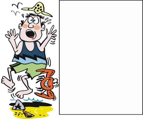 Yengeç adam sahilde ısırma vektör karikatür — Stok Vektör
