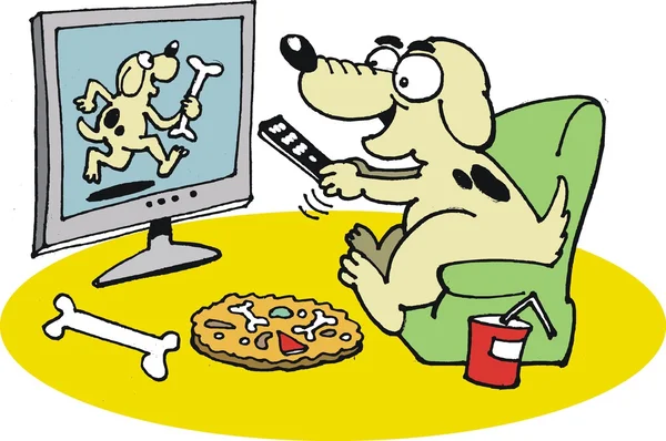 Векторная карикатура счастливой собаки, смотрящей телевизор — стоковый вектор