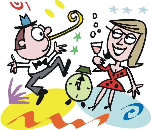 Διάνυσμα γελοιογραφία του ευτυχισμένο ζευγάρι εορτασμού της Πρωτοχρονιάς — Διανυσματικό Αρχείο