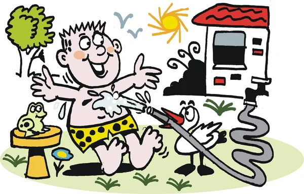 Vektor-Karikatur eines Mannes, der an einem heißen Sommertag mit einem Schlauch bespritzt wird. — Stockvektor