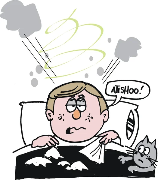 Vektor-Karikatur eines Mannes im Bett mit Erkältung — Stockvektor