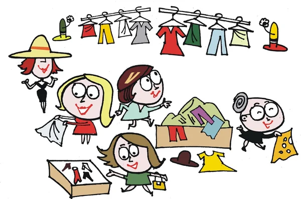 Desenhos animados vetoriais de mulheres na venda de roupas — Vetor de Stock