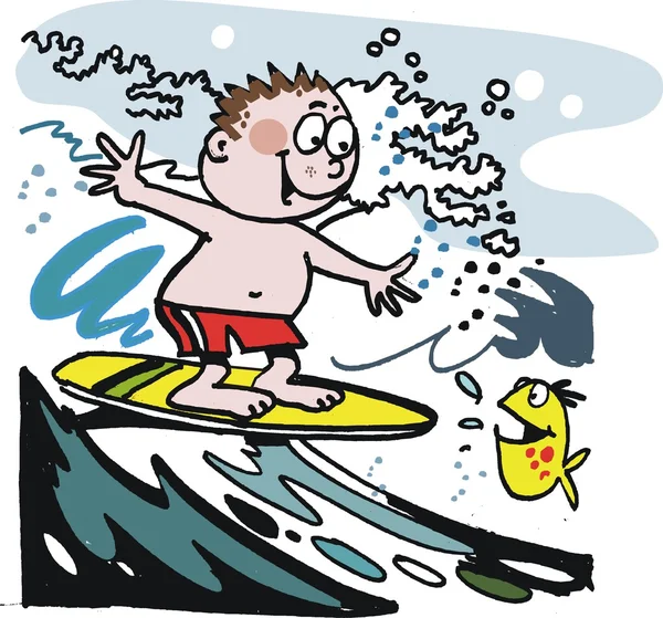 Junge surft Welle Vektor Karikatur — Stockvektor