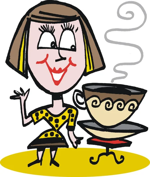 Vector cartoon van gelukkig vrouw met koffiekopje — Stockvector