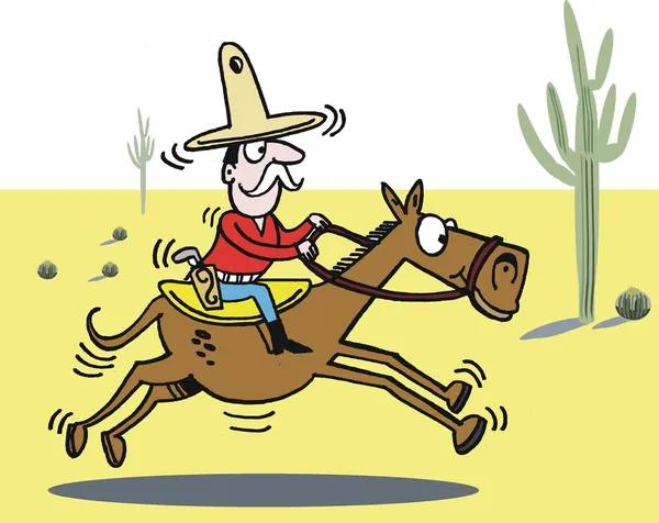 Kreslené vektorové kovboje na koni koně v poušti s kaktusy. — Stockový vektor