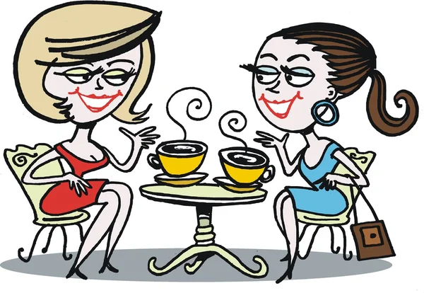 Vektor kartun dari dua wanita berbicara atas secangkir kopi . - Stok Vektor
