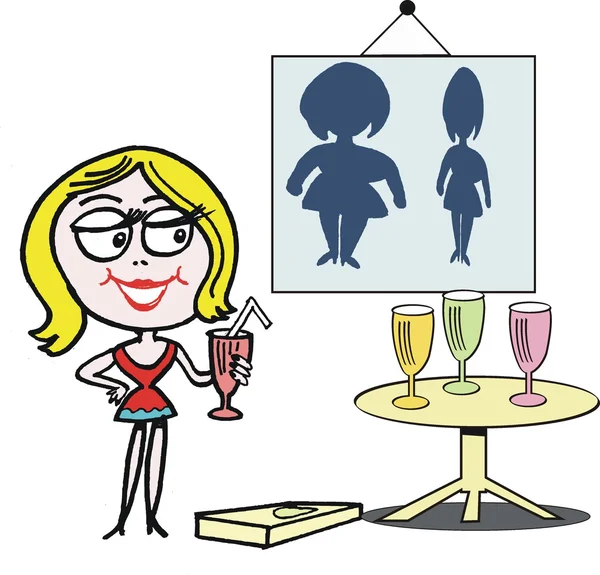 Desenhos animados vetoriais de mulher feliz bebendo produtos de dieta de milkshake . —  Vetores de Stock