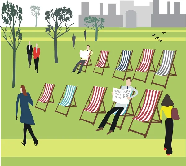 Vector illustration of London park with deckchairs and relaxing. — Stock Vector