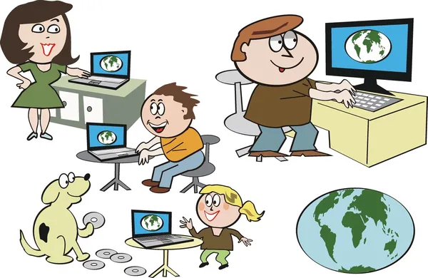 Desenhos animados vetoriais de família feliz usando a internet em computadores . —  Vetores de Stock