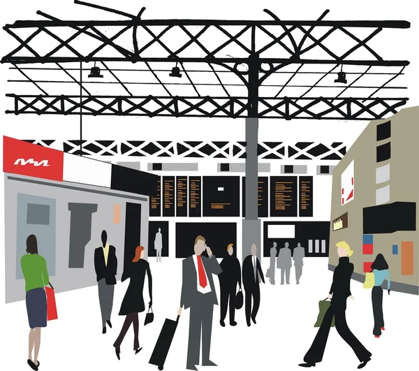 Ilustração vetorial de passageiros na estação ferroviária de Londres, Inglaterra . —  Vetores de Stock