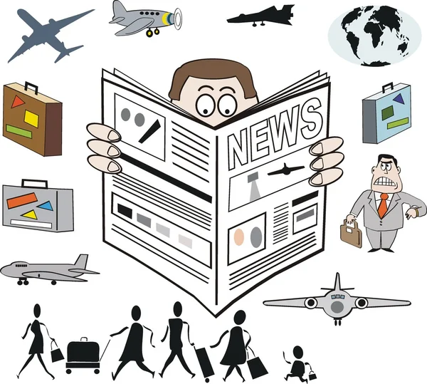 Vektor illustration av man läsa tidningen på flygplatsen, med plan, och bagage. — Stock vektor