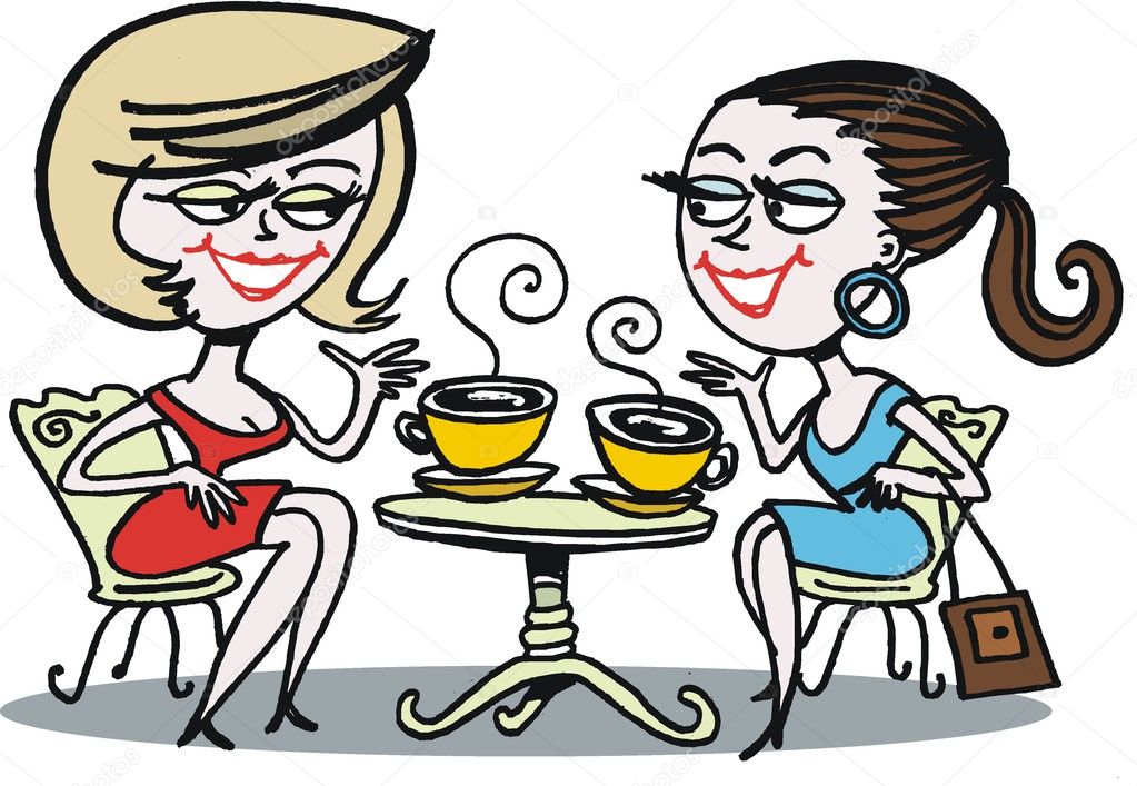 Vector cartoon of two women talking over cup of coffee.