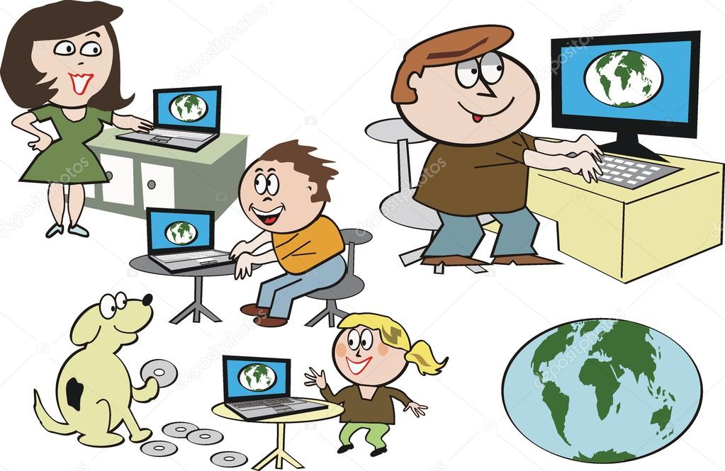 Vector cartoon of happy family using internet on computers.