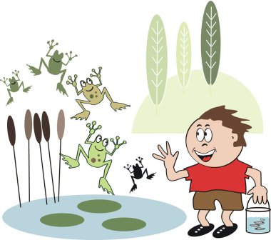 vektör karikatür küçük çocuğun gölet kurbağa toplama.
