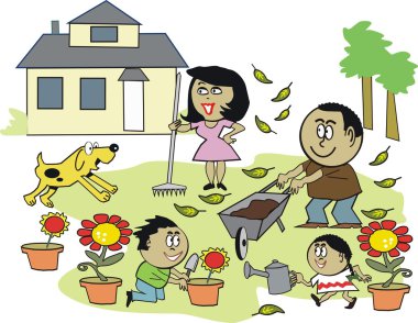 gülümseyen aile zevk açık havada bahçede çalışan bir karikatür vektör.