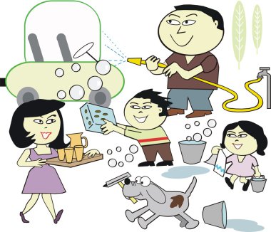 vektör karikatür mutlu Asya ailesi kendi araç Temizleme.