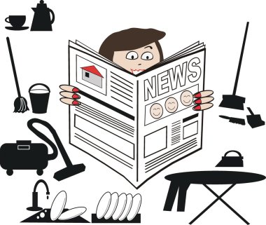 Gazete okuyan meşgul ev hanımı vektör karikatür.