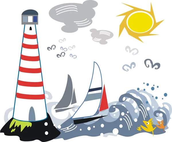 Vector cartoon of yachts in stormy sea near lighthouse. — Stock Vector