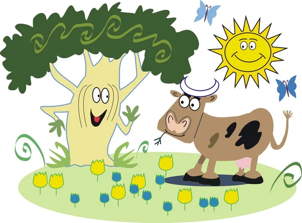 Vector cartoon of happy cow in a field beside a tree. — Stock Vector