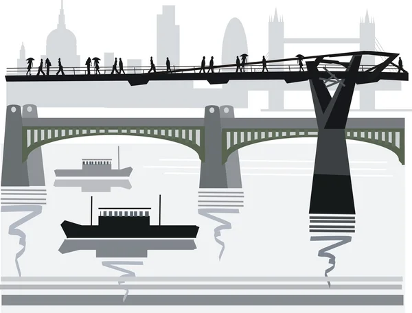 Vector illustration of pedestrians crossing city footbridge over Thames River, London, England. — Stock Vector