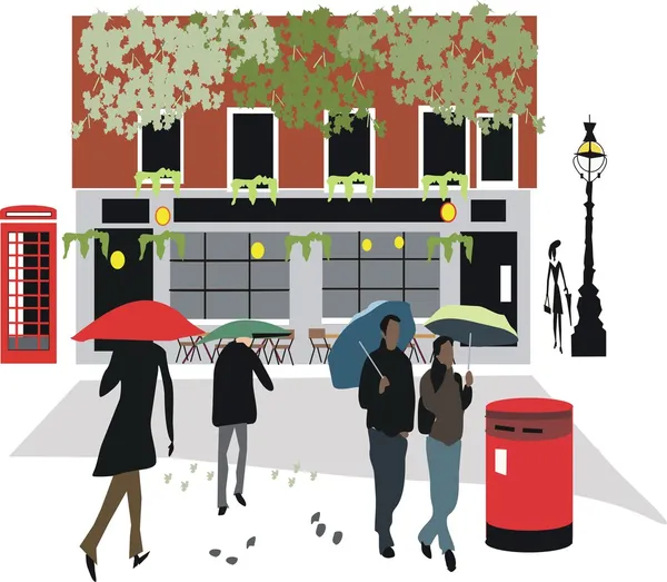 Vektorové ilustrace london pub s pěší chůzi v dešti. — Stockový vektor